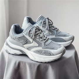 Men's Shoes Seasonal Mesh Breathable Sports Shoes, Versatile Thick-soled Height-increasing Dad Shoes, Light and High-end Grain-blue/gray Niche Trendy Shoes