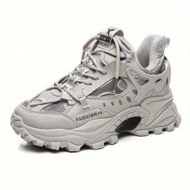 Men's Trendy Solid Chunky Shoes, Comfy Non Slip Lace Up Casual Soft Sole Sneakers Men's Outdoor Activities