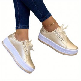 Plus Size Women'S Casual Shoes - European & American Style Round Toe Thick Sole Viscose Shoes with Lace-Up Closure, Synthetic Cover & PVC Lining, Comfortable Low-Top Design for Fall, Versatile for Casual Attire, Ladies Shoes And Shoes, Everyday Footwear, Sleek Shoe Design, Durable TPU Sole