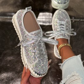 Korean Style Thick Sole Sneakers Women's, Lace-Up Sparkly Casual Shoes, Glitter Platform Fashion Footwear Spring and Fall, Women Shoes