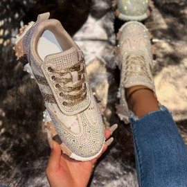 New Stylish Women's - Studded Sports Shoes, Shiny and Fashionable Low- Top Round- Toe Lace- up Casual Shoes, Comfortable Women's Low- Top Sports Shoes, Women Shoes, Sneakers