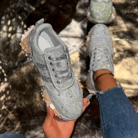 New Stylish Women's - Studded Sports Shoes, Shiny and Fashionable Low- Top Round- Toe Lace- up Casual Shoes, Comfortable Women's Low- Top Sports Shoes, Women Shoes, Sneakers