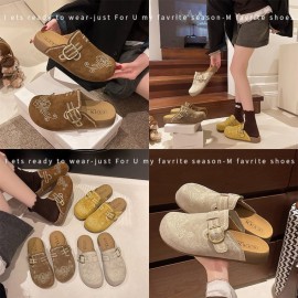 Yellow Embroidered Mules | Buckle-Closure Outdoor , Daily Street Commuting Casual Shoes, Solid Color, Low Top, All-Season, Polyurethane Upper, Fabric Lining, EVA Insole, Rubber Sole