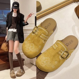 Yellow Embroidered Mules | Buckle-Closure Outdoor , Daily Street Commuting Casual Shoes, Solid Color, Low Top, All-Season, Polyurethane Upper, Fabric Lining, EVA Insole, Rubber Sole