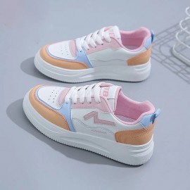 New Women'S Perforated Sports Shoes | Color-Block Thick Sole Casual Flats, Lace-up Closure, Low Top, All-season, EVA Material