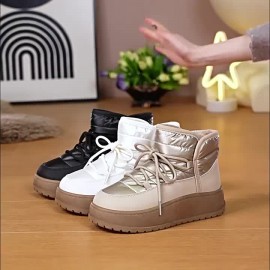 Women'S Winter High-Top Thickened Insulated Snow Boots - Lightweight Lace-Up Ankle & Calf Support, Upper with Rubber Sole, Warm Round Toe & Arch Support, Beige/White Color Options for Casual & Semi-Formal Outfits - Cold Weather Traction & All-Day Comfort, Seasonal Footwear, Durable Construction, Warmweather Shoes, Snow Boots For Women, Women Snow Boots, Winter Boots For Women, Winter Shoes For Women, Womens Boots, Womens Winter Boots, Womens Winter Shoes