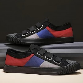 Men'S Slip-On Low-Top Sneakers | Non-Slip Rubber Sole, Cushioned Insole, Breathable Canvas Upper, Gray/Black/Red Color Block Design, Casual Skate Shoes, Comfortable Round-Toe Moccasin Style, Ideal for Walking, Traveling, Casual Outfits