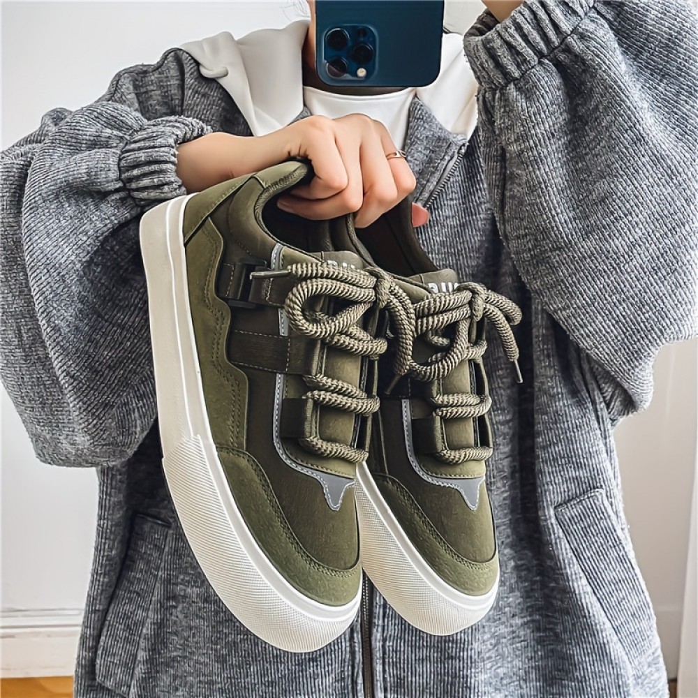 Men'S Retro Sneakers with Thick Vulcanized Sole & Wide Laces - Low-Top Round Toe Casual Shoes, All-Season Durable Rubber Outsole & Synthetic Upper, Office - Comfortable Arch Support & Easy-Clean Design, Men Chunky Platform Shoe, Canvas Shoe For Men