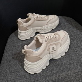 INS Korean Style Chunky Dad Shoes | Women'S Fashion Thick Sole Height Increasing Sneakers, Casual Tennis Shoes, Student Everyday Walking Shoes, Fabric Upper, Mesh Inner, Rubber Insole, Sole, Lace-up Closure