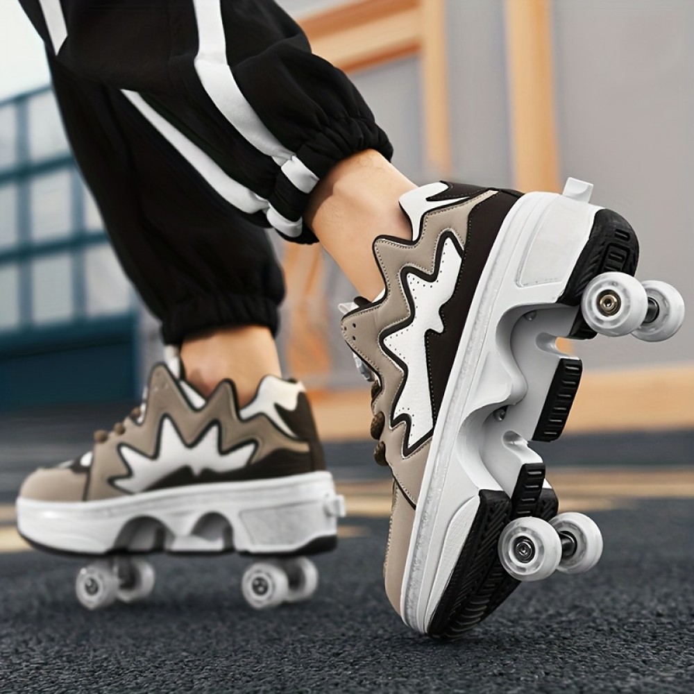Adult Dual-Row Men'S and Women'S Roller Shoes | Non-slip, All-season, Synthetic faux leather Upper, TPR Sole, Positioning Printing, Transformable Skate Shoes for